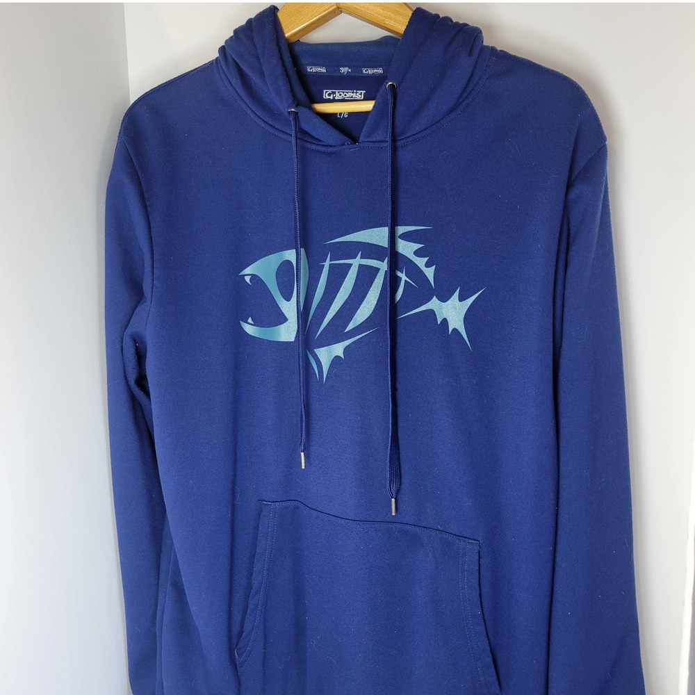 G. Loomis Mens Blue Skeleton Fish Graphic Hoodie Sweatshirt Large L